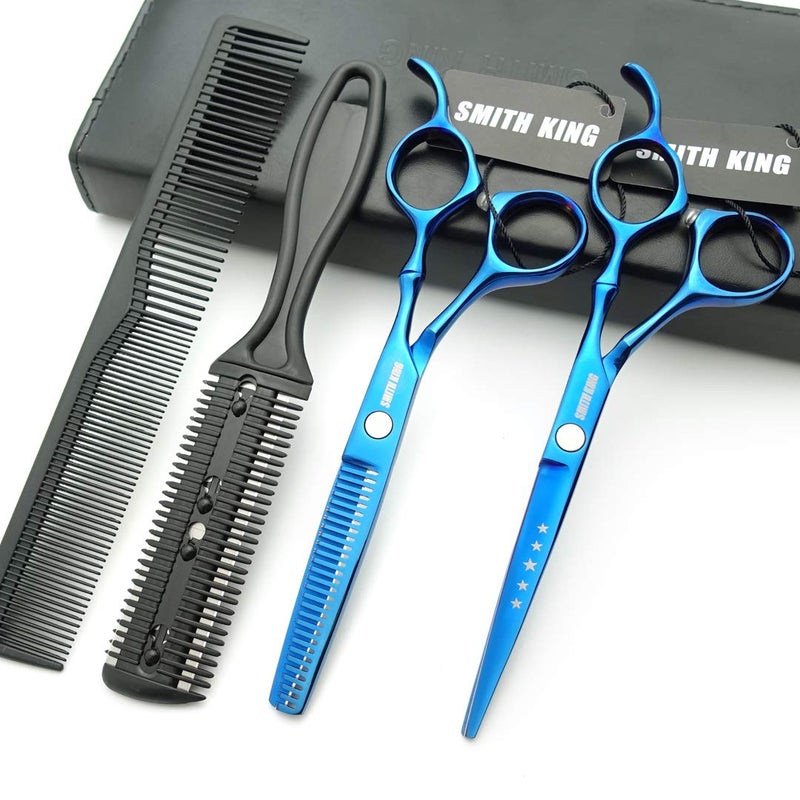 Smithking 6.0 Inches Hair Cutting Scissors Set with Combs Lether Scissors Case,Hair cutting shears Hair Thinning shears For Personal and Professional (Blue) - Image 2